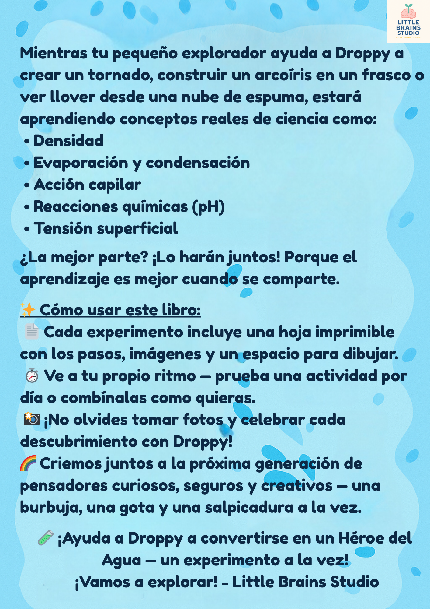 Descripción en español del cuaderno STEM Edición Maravillas del Agua para niños de 3 a 6 años – Experimentos con Droppy sobre densidad, evaporación, reacciones químicas y más