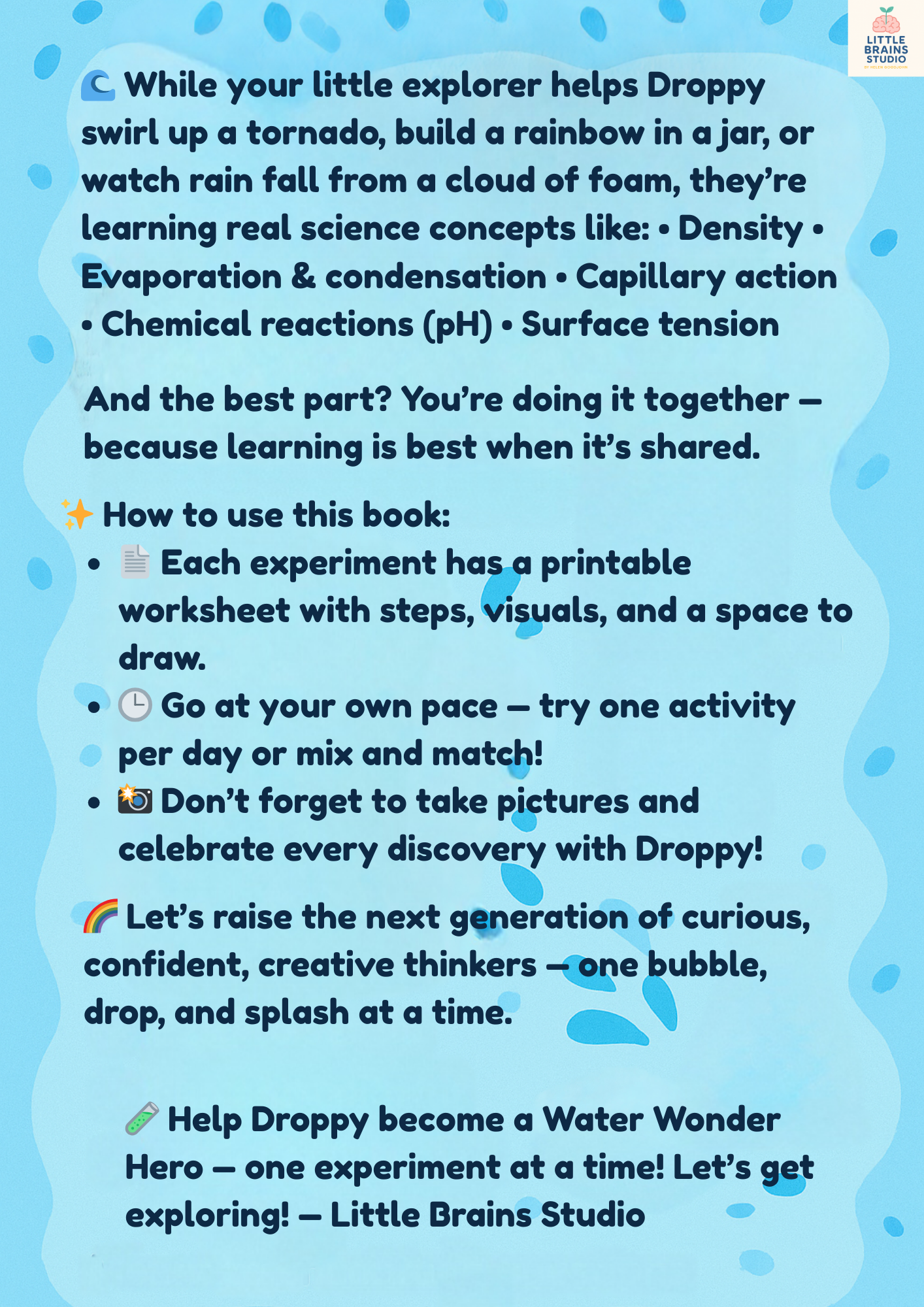 Educational image describing the Water Wonders STEM Kit from Little Explorers Club. Includes key science concepts like density, capillary action, pH reactions, and fun instructions on how to use the printable experiments at home with Droppy the water droplet mascot.