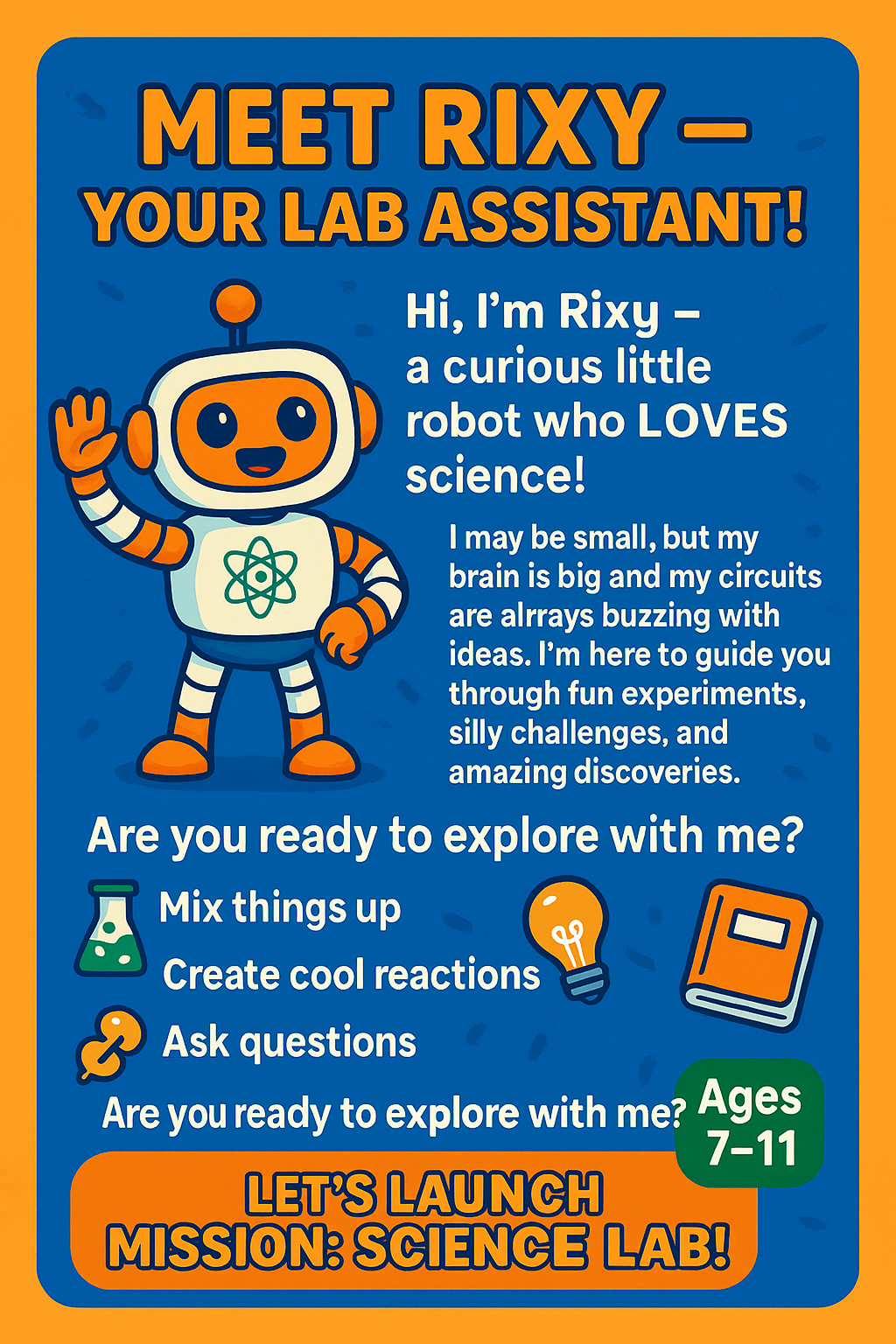 Introduction to Rixy the robot lab assistant from the STEM Mission Science Lab journal for kids ages 7-11 – educational printable mascot