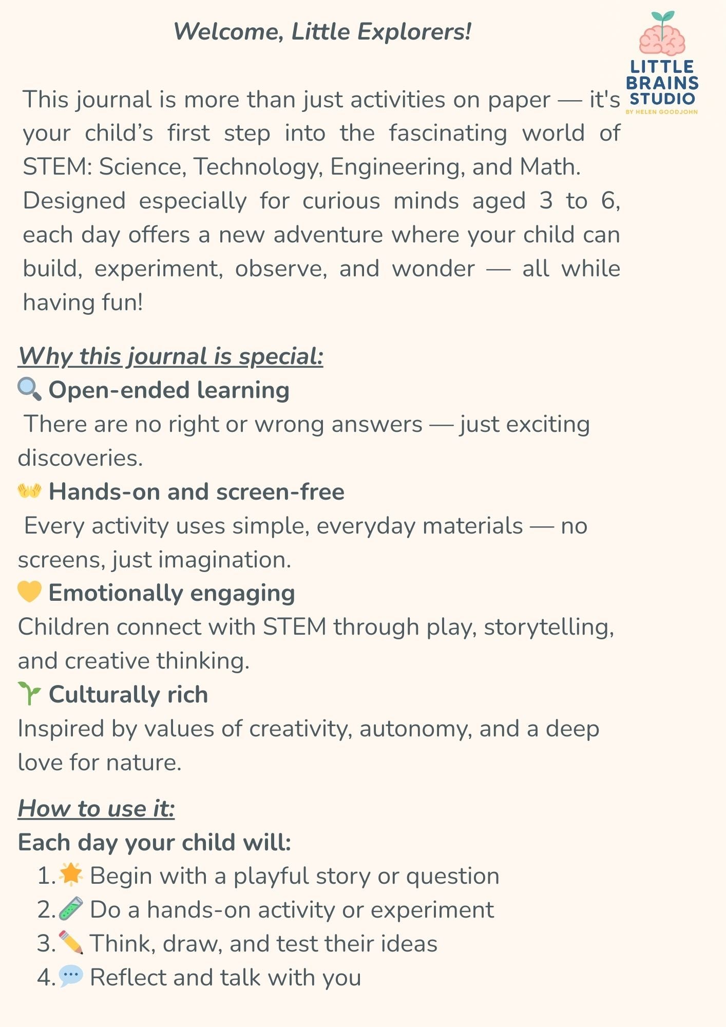 STEM activity journal description page for kids ages 3–6, highlighting open-ended learning, screen-free play, and emotional engagement – Little Brains Studio