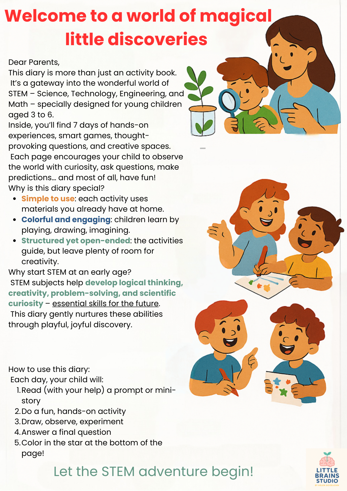 Introductory page of the STEM journal for kids aged 3 to 6 by Little Brains Studio. Highlights benefits of early STEM education, creative activities, and hands-on learning. Features friendly illustrations of children and parents exploring science together.