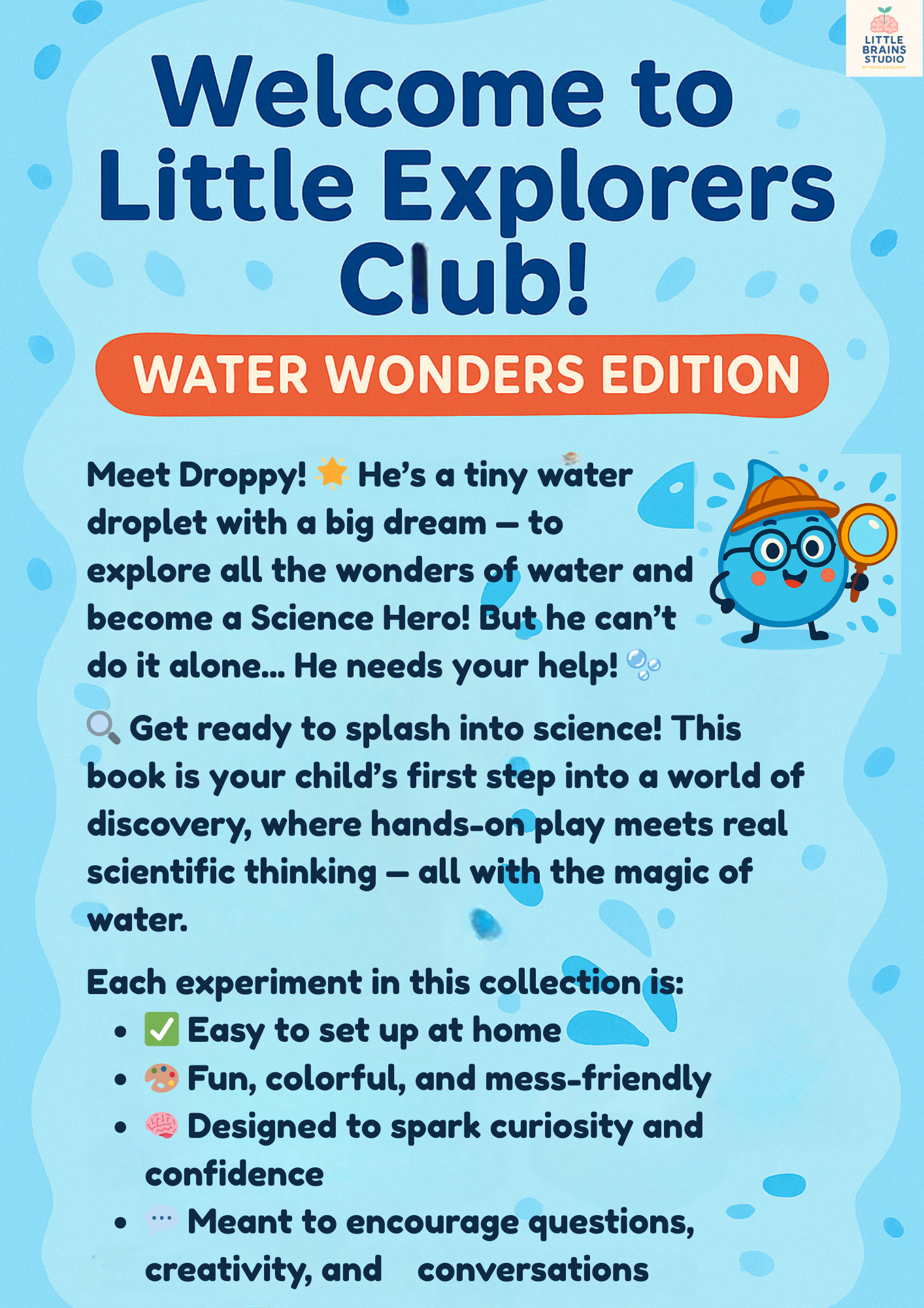 Water Wonders Edition cover of the Little Explorers Club STEM printable for kids ages 3–6, featuring Droppy the water droplet mascot, scientific benefits, and hands-on educational fun