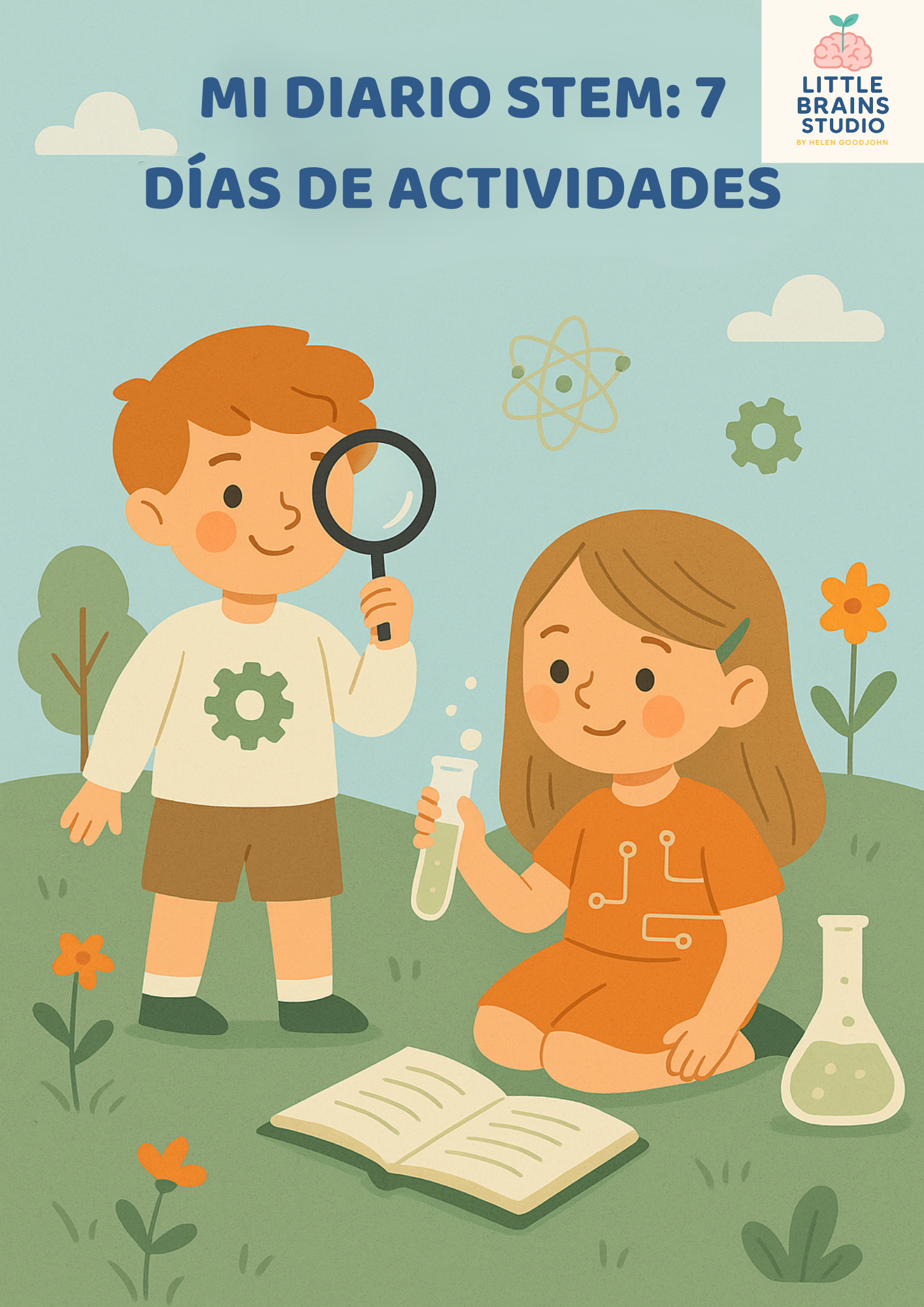 Portada de Mi Diario STEM en espanol para ninos de 3 a 6 anos, con ilustraciones de dos ninos realizando experimentos científicos al aire libre