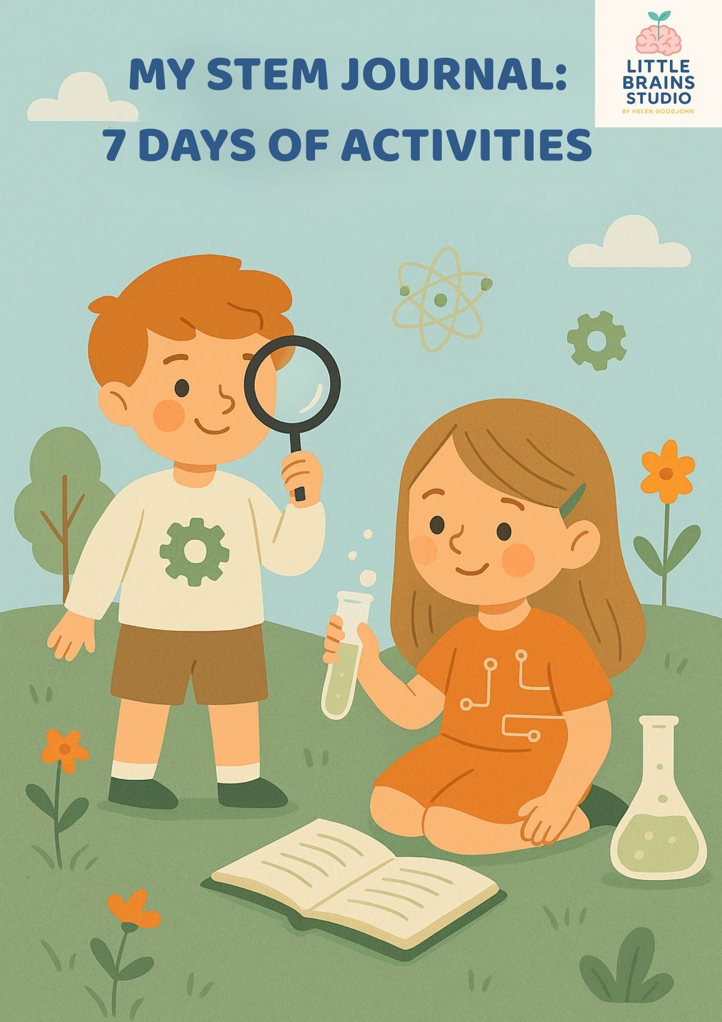 STEM activity journal cover for kids ages 3–6 featuring a boy with magnifying glass and a girl with a test tube, surrounded by educational science symbols – My STEM Journal by Little Brains Studio