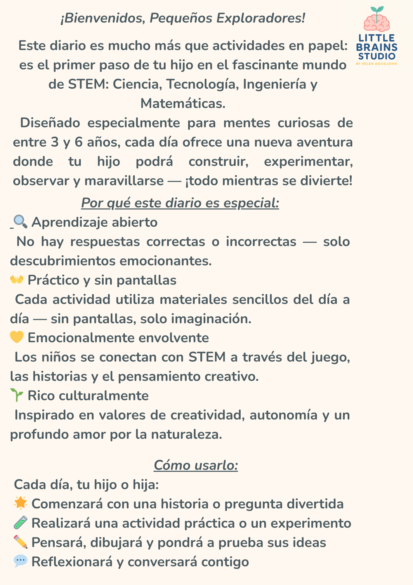 Introducción al diario STEM para niños de 3 a 6 años en español, con enfoque en aprendizaje abierto, actividades sin pantalla, desarrollo emocional y creatividad cultural